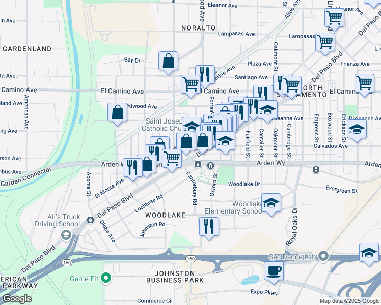 map of restaurants, bars, coffee shops, grocery stores, and more near 1525 Del Paso Boulevard in Sacramento
