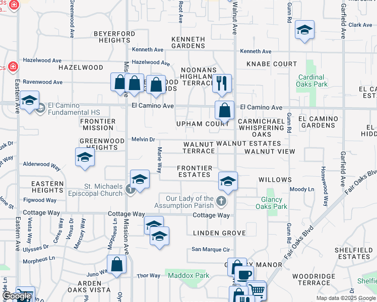 map of restaurants, bars, coffee shops, grocery stores, and more near 4901 Boyd Drive in Carmichael
