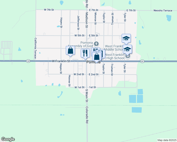 map of restaurants, bars, coffee shops, grocery stores, and more near 209 Madison Street in Pomona