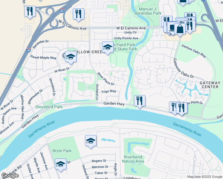 map of restaurants, bars, coffee shops, grocery stores, and more near 2 Las Uvas Court in Sacramento