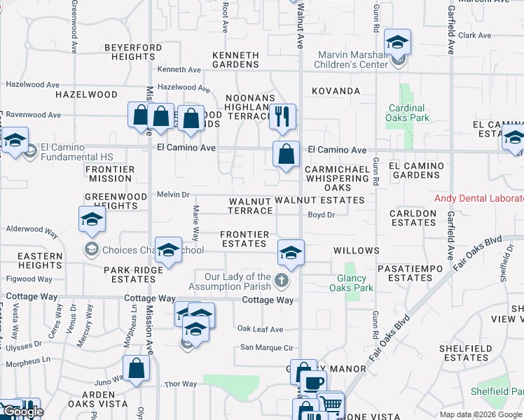 map of restaurants, bars, coffee shops, grocery stores, and more near 4925 Boyd Drive in Carmichael