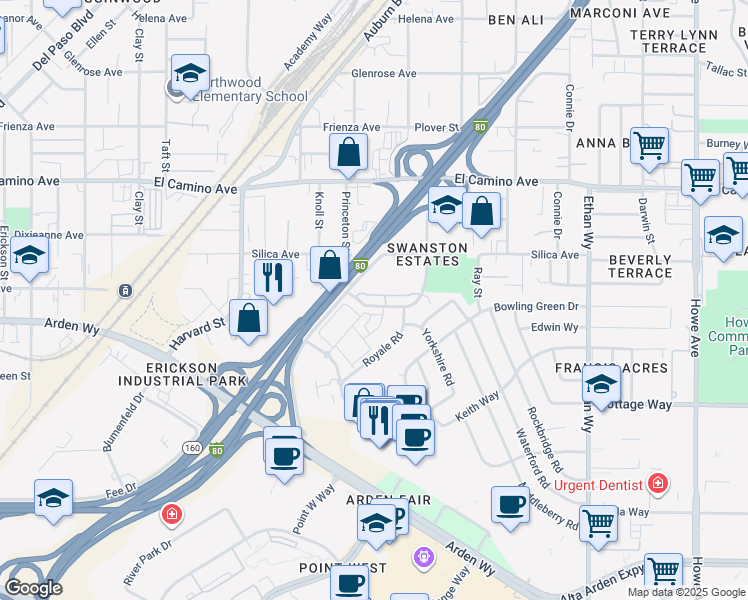 map of restaurants, bars, coffee shops, grocery stores, and more near 1605 Cormorant Way in Sacramento
