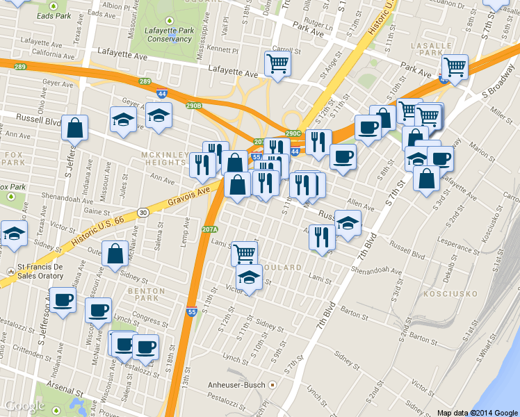 map of restaurants, bars, coffee shops, grocery stores, and more near 2127a South 12th Street in St. Louis
