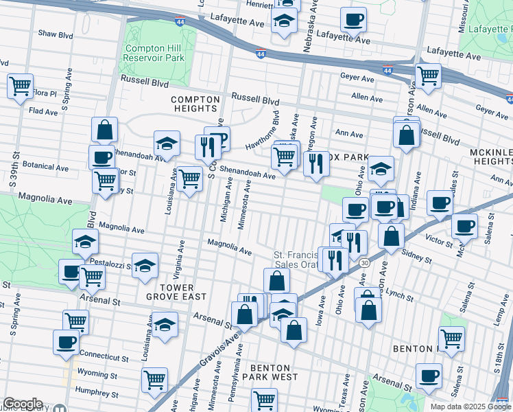 map of restaurants, bars, coffee shops, grocery stores, and more near 3003 Sidney Street in St. Louis