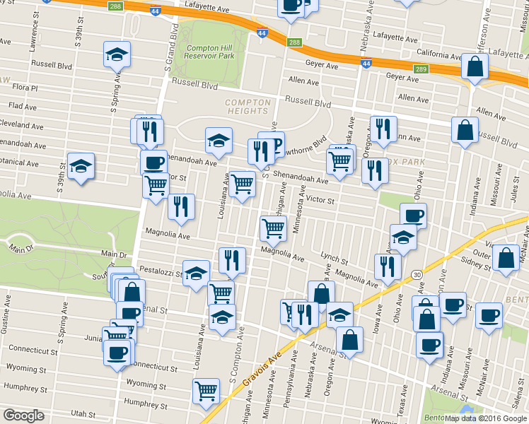 map of restaurants, bars, coffee shops, grocery stores, and more near 2604 South Compton Avenue in St. Louis