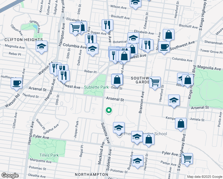 map of restaurants, bars, coffee shops, grocery stores, and more near 5428 Odell Street in St. Louis