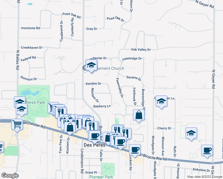 map of restaurants, bars, coffee shops, grocery stores, and more near 1408 Kendon Drive in Des Peres