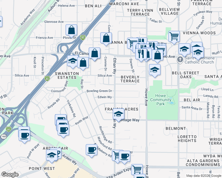 map of restaurants, bars, coffee shops, grocery stores, and more near 1949 Bowling Green Dr in Sacramento