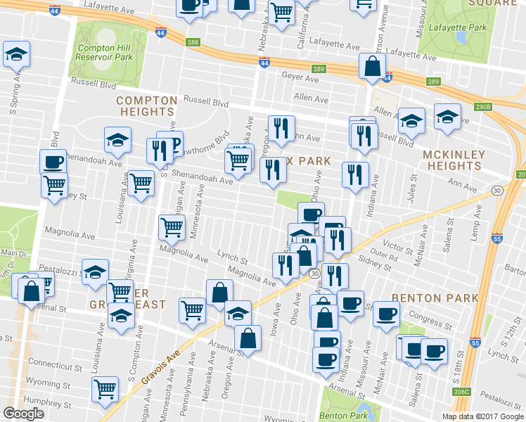 map of restaurants, bars, coffee shops, grocery stores, and more near 2814 Victor Street in St. Louis