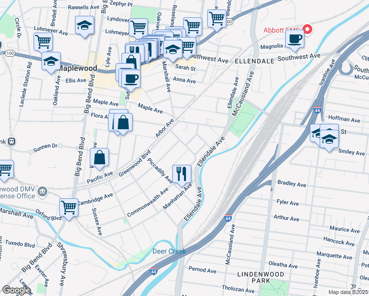 map of restaurants, bars, coffee shops, grocery stores, and more near 3303 Oxford Avenue in St. Louis