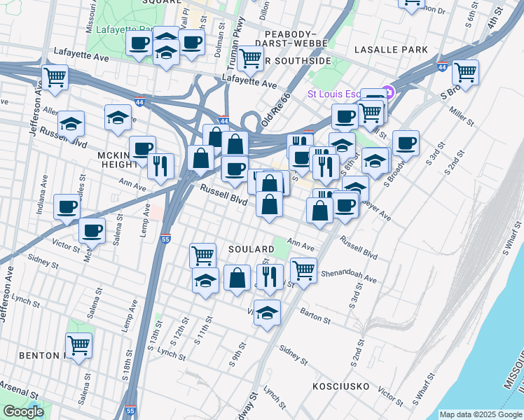 map of restaurants, bars, coffee shops, grocery stores, and more near 2108 South 11th Street in St. Louis