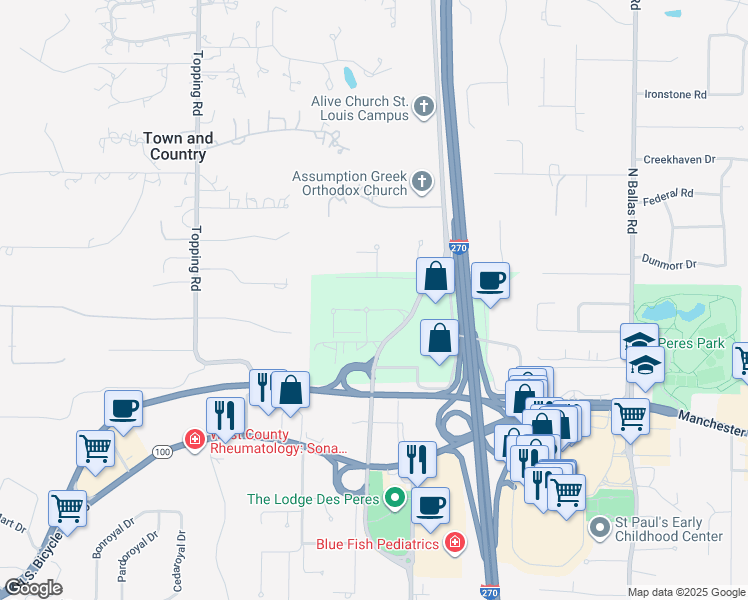 map of restaurants, bars, coffee shops, grocery stores, and more near 12809 Daylight Drive in St. Louis