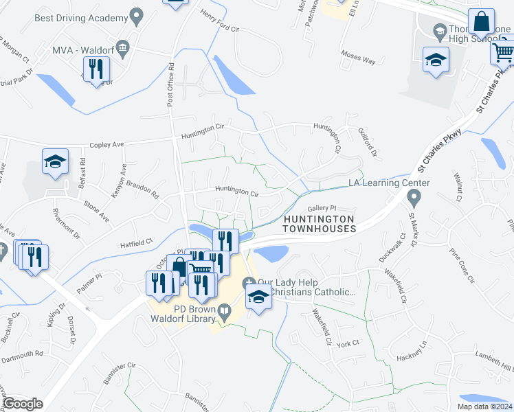 map of restaurants, bars, coffee shops, grocery stores, and more near 3701 Kempsford Field Place in Waldorf