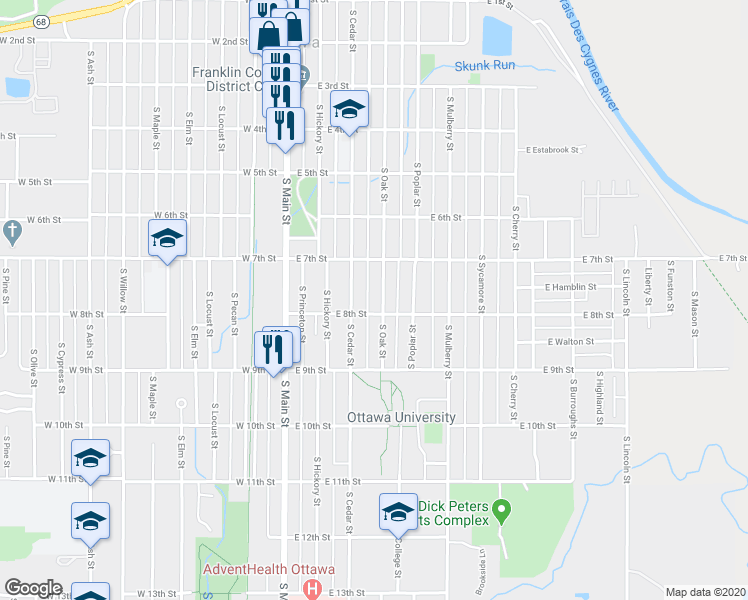 map of restaurants, bars, coffee shops, grocery stores, and more near 740 South Oak Street in Ottawa