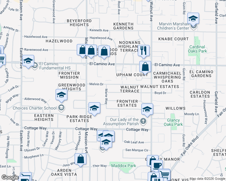 map of restaurants, bars, coffee shops, grocery stores, and more near 4813 Boyd Drive in Carmichael