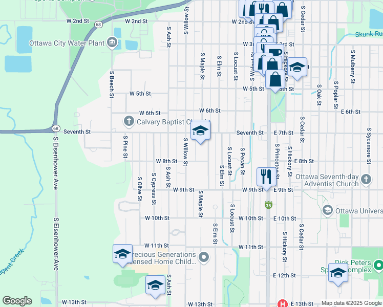 map of restaurants, bars, coffee shops, grocery stores, and more near 739 South Willow Street in Ottawa