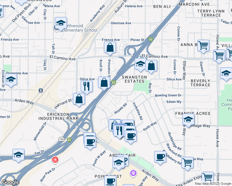 map of restaurants, bars, coffee shops, grocery stores, and more near 1605 Cormorant Way in Sacramento