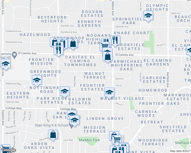 map of restaurants, bars, coffee shops, grocery stores, and more near 4925 Boyd Drive in Carmichael