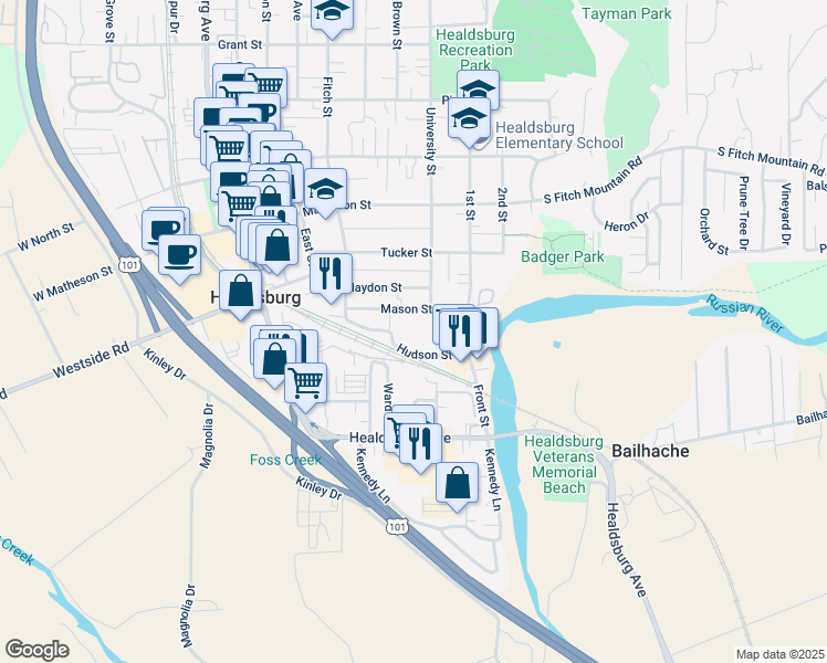 map of restaurants, bars, coffee shops, grocery stores, and more near 359 Hudson Street in Healdsburg