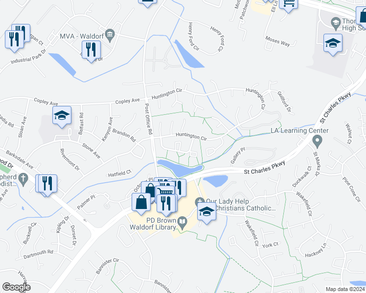 map of restaurants, bars, coffee shops, grocery stores, and more near 3830 Kelly Green Place in Waldorf