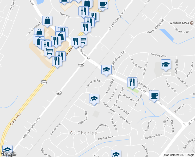 map of restaurants, bars, coffee shops, grocery stores, and more near 1005 Sherman Court in Waldorf