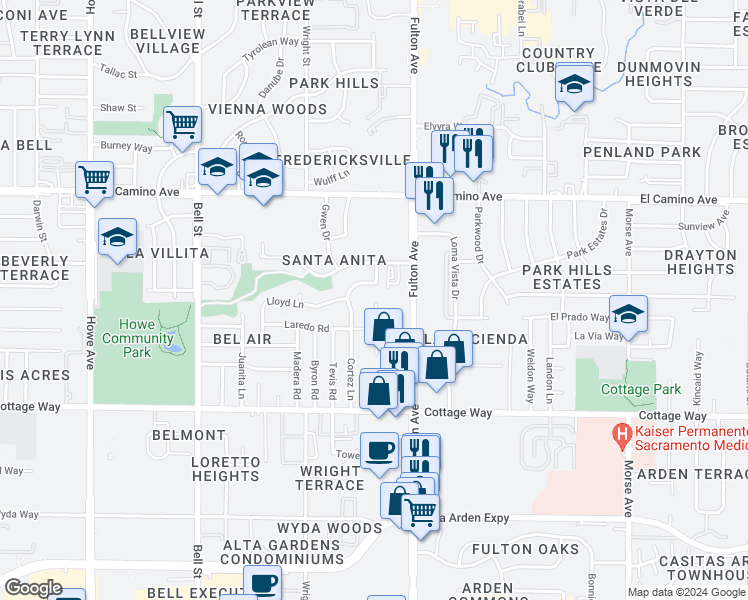 map of restaurants, bars, coffee shops, grocery stores, and more near 2327 Brunton Way in Sacramento