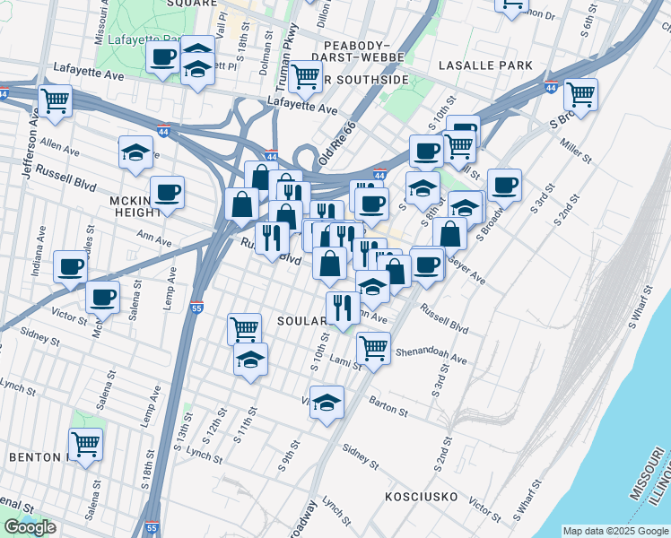 map of restaurants, bars, coffee shops, grocery stores, and more near 1017 Russell Boulevard in St. Louis