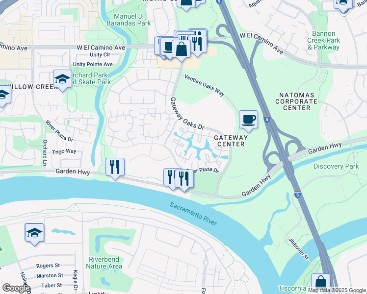 map of restaurants, bars, coffee shops, grocery stores, and more near 2247 River Plaza Drive in Sacramento
