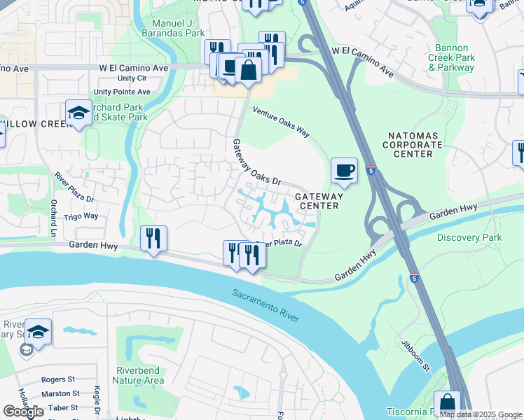 map of restaurants, bars, coffee shops, grocery stores, and more near 2247 River Plaza Drive in Sacramento
