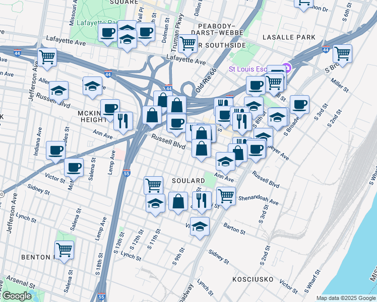 map of restaurants, bars, coffee shops, grocery stores, and more near 2108 South 11th Street in St. Louis