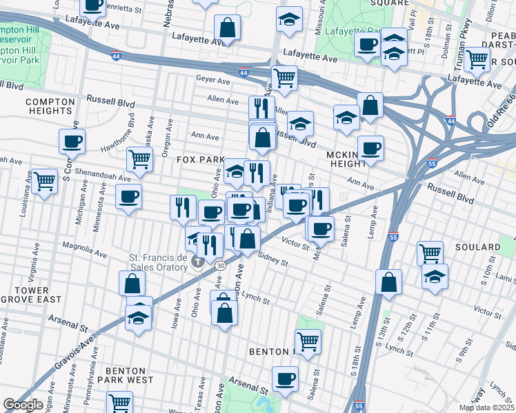 map of restaurants, bars, coffee shops, grocery stores, and more near 2312 South Jefferson Avenue in St. Louis