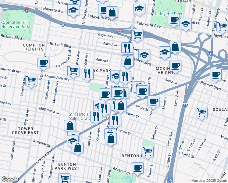 map of restaurants, bars, coffee shops, grocery stores, and more near 2322 Texas Avenue in St. Louis