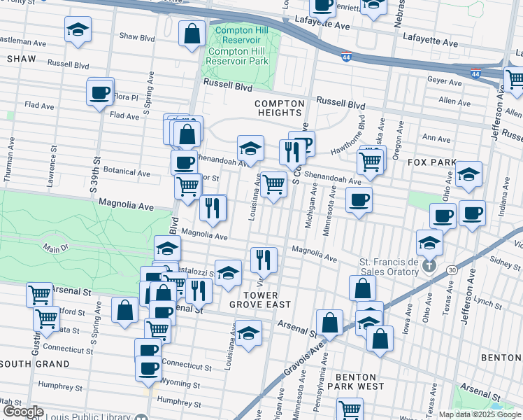 map of restaurants, bars, coffee shops, grocery stores, and more near 2609 Virginia Avenue in St. Louis