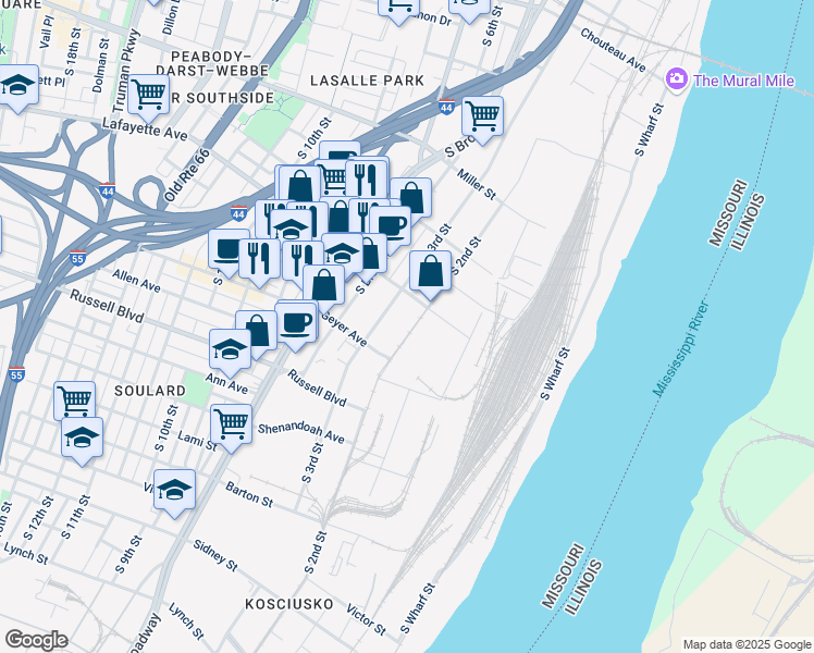 map of restaurants, bars, coffee shops, grocery stores, and more near 1700-1992 South 2nd Street in St. Louis