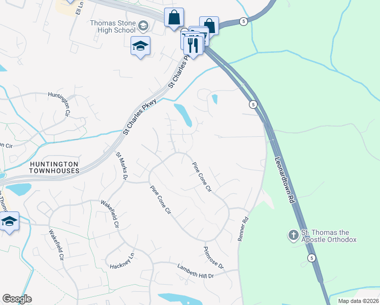 map of restaurants, bars, coffee shops, grocery stores, and more near 3469 Pine Cone Circle in Waldorf