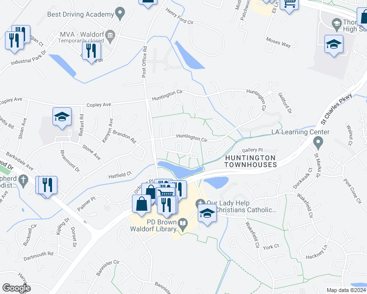 map of restaurants, bars, coffee shops, grocery stores, and more near 3832 Kelly Green Place in Waldorf