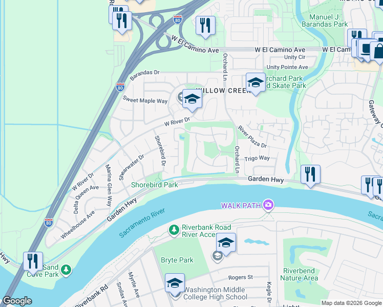 map of restaurants, bars, coffee shops, grocery stores, and more near 2257 Indian Wells Court in Sacramento