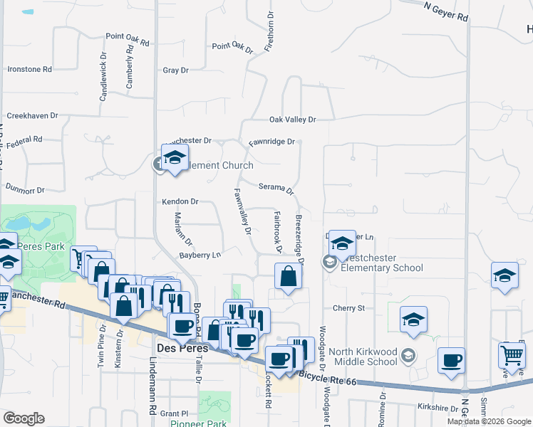 map of restaurants, bars, coffee shops, grocery stores, and more near 1441 Fairbrook Drive in Des Peres