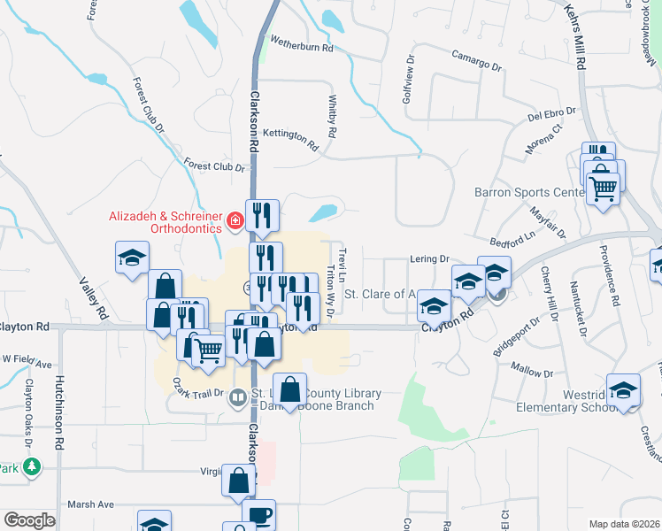 map of restaurants, bars, coffee shops, grocery stores, and more near 563 Triton Way Drive in Ballwin