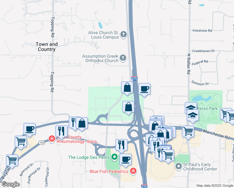 map of restaurants, bars, coffee shops, grocery stores, and more near 12809 Daylight Drive in St. Louis