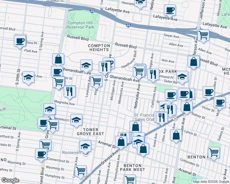 map of restaurants, bars, coffee shops, grocery stores, and more near 3116 Sidney Street in St. Louis
