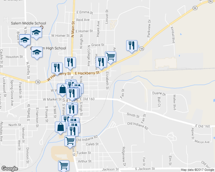 map of restaurants, bars, coffee shops, grocery stores, and more near 205 Elizabeth Street in Salem