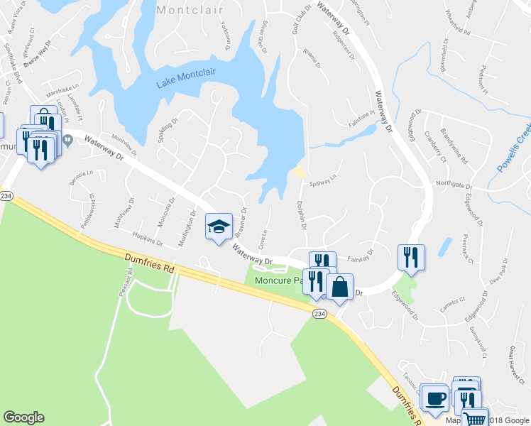 map of restaurants, bars, coffee shops, grocery stores, and more near 15982 Cove Lane in Dumfries