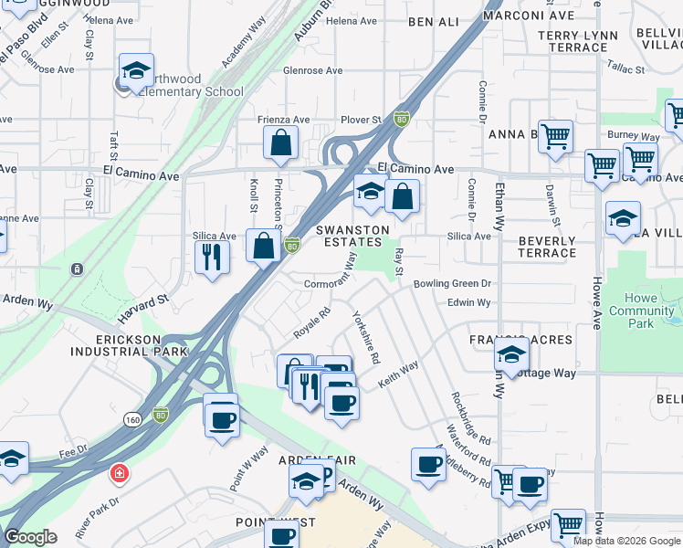 map of restaurants, bars, coffee shops, grocery stores, and more near 1745 Cormorant Way in Sacramento