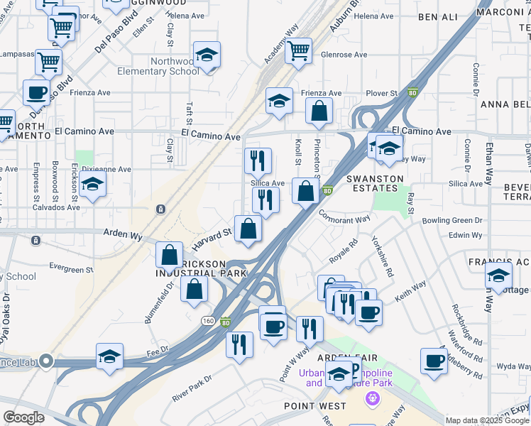 map of restaurants, bars, coffee shops, grocery stores, and more near 2200 Harvard Street in Sacramento