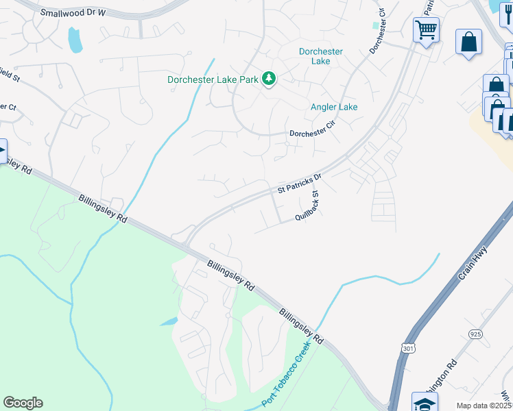 map of restaurants, bars, coffee shops, grocery stores, and more near 3860 Shiner Court in Waldorf