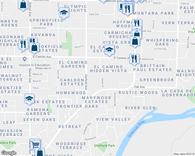 map of restaurants, bars, coffee shops, grocery stores, and more near 5549 Fair Oaks Boulevard in Carmichael