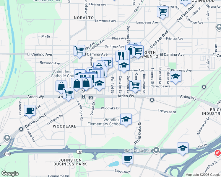 map of restaurants, bars, coffee shops, grocery stores, and more near 2279 Fairfield Street in Sacramento