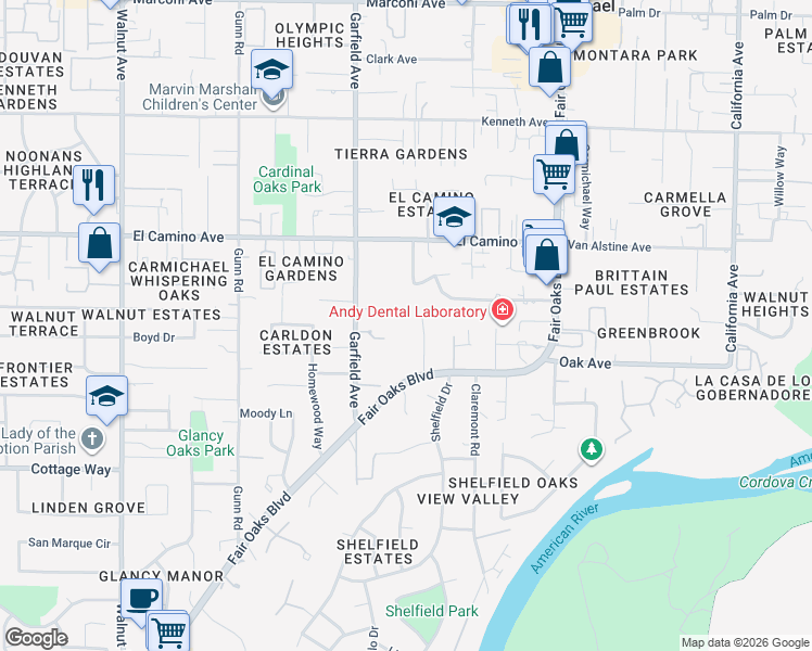 map of restaurants, bars, coffee shops, grocery stores, and more near 5549 Fair Oaks Boulevard in Carmichael