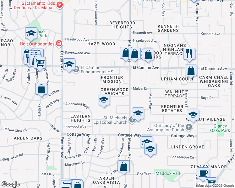 map of restaurants, bars, coffee shops, grocery stores, and more near 4628 Oxbow Drive in Sacramento